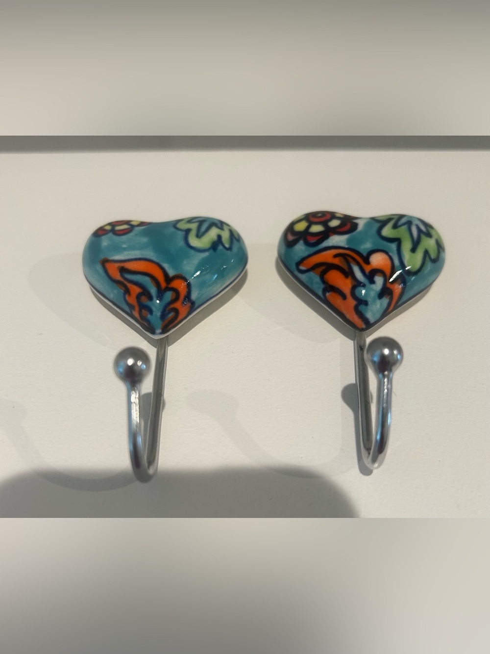 Ceramic Heart Wall Hooks in Turquoise and Orange - Set of 2